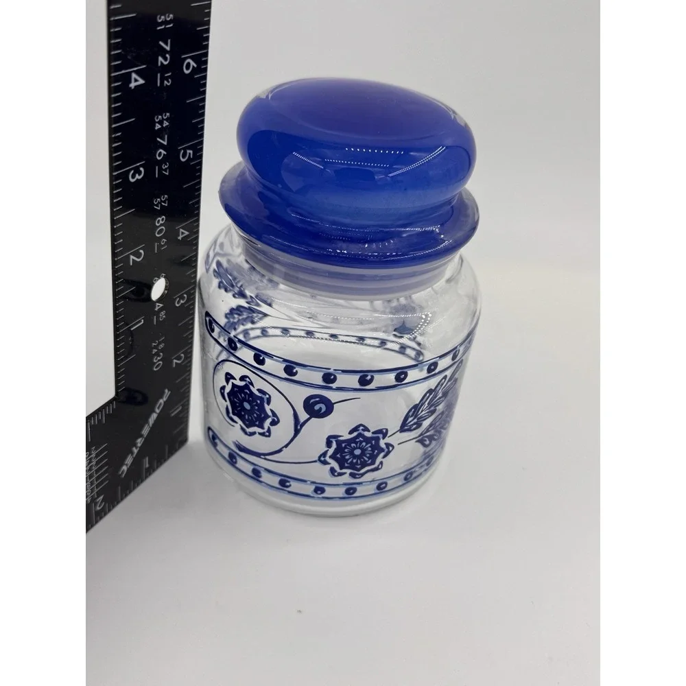 Anchor Hocking Glass Pietro Gobeo Set Of 3 Blue Kitchen Canister Flower 1970s